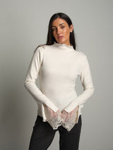 Maglia collo cratere costine pizzo - Panna