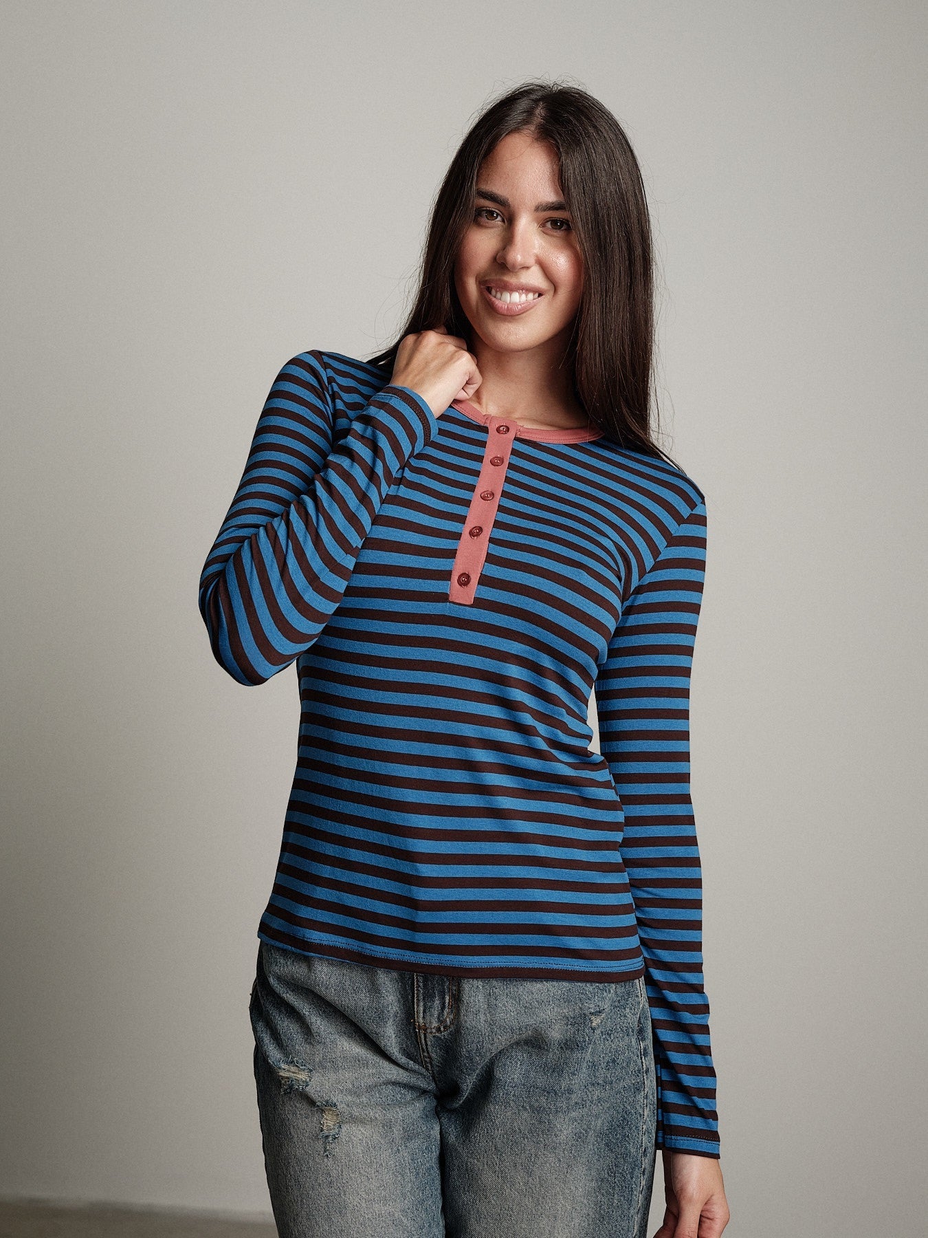 Maglia righe serafino orlo contrasto Blu Haveone MXT-R195;Maglia righe serafino orlo contrasto Blu Haveone MXT-R195 — foto 2;Maglia righe serafino orlo contrasto Blu Haveone MXT-R195 — foto 3