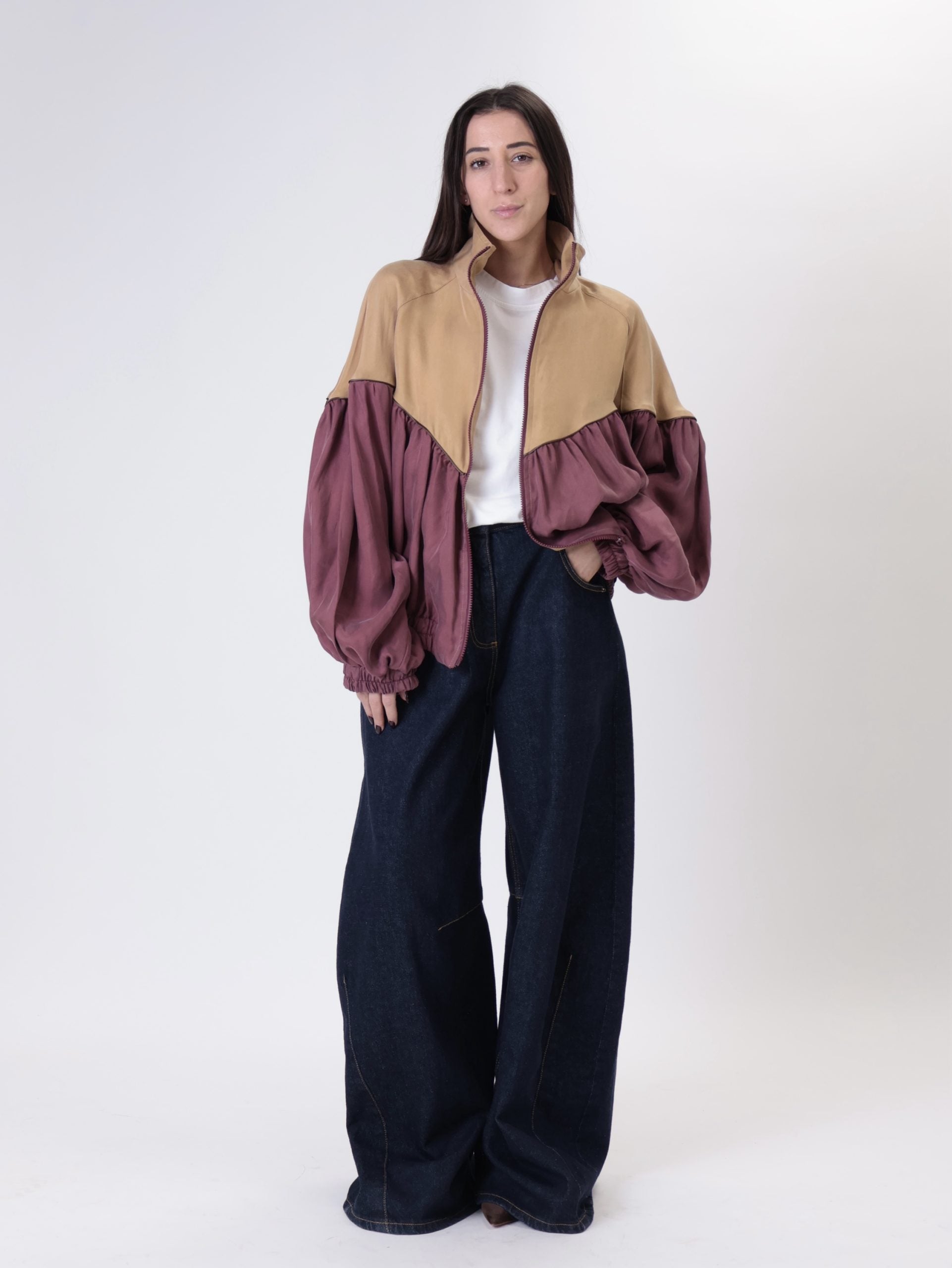 Giacca zip cupro senape/vino