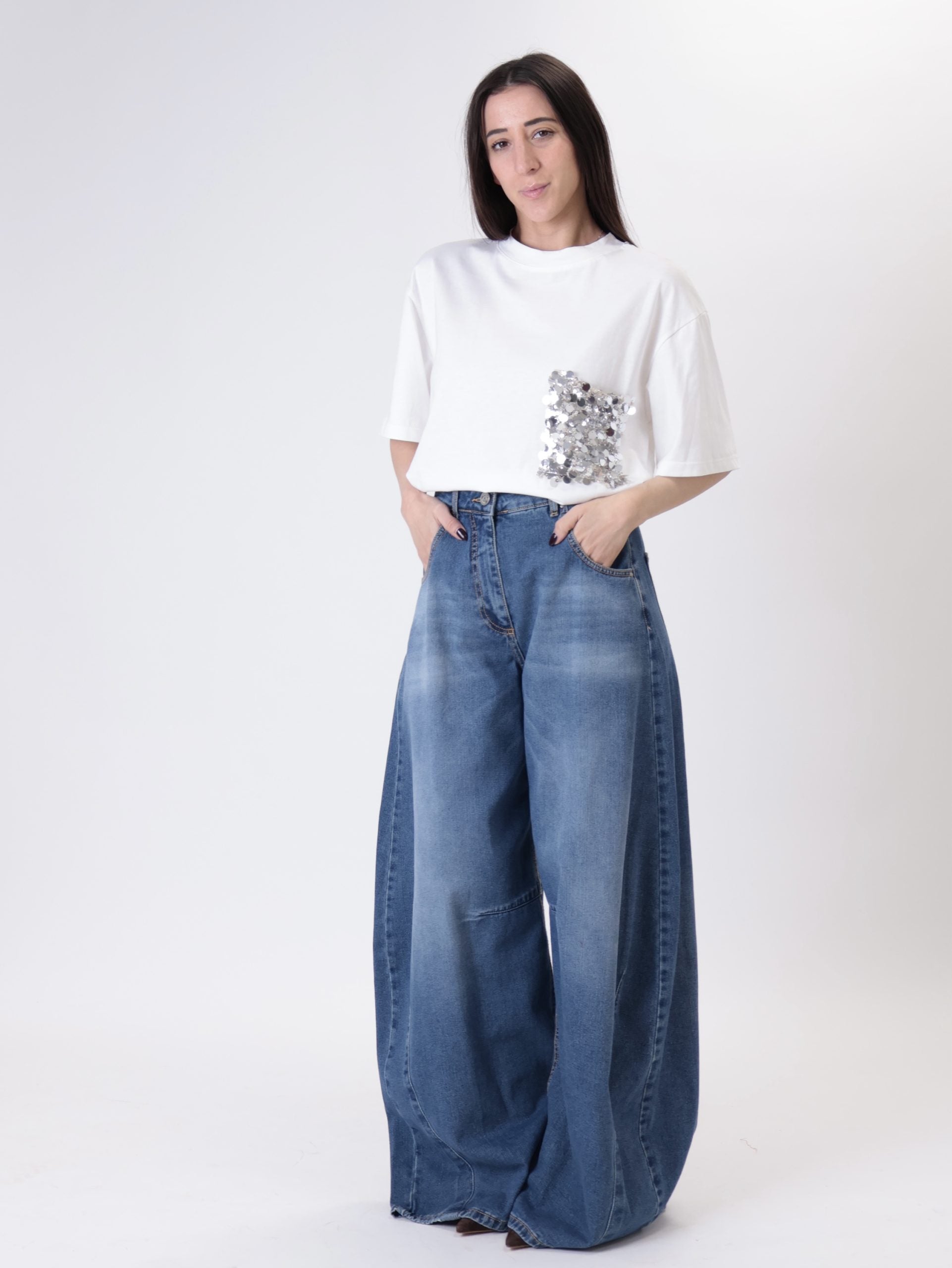 T-shirt tasca pailettes panna