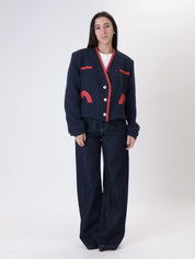 Giacca scollo V blu/rosso