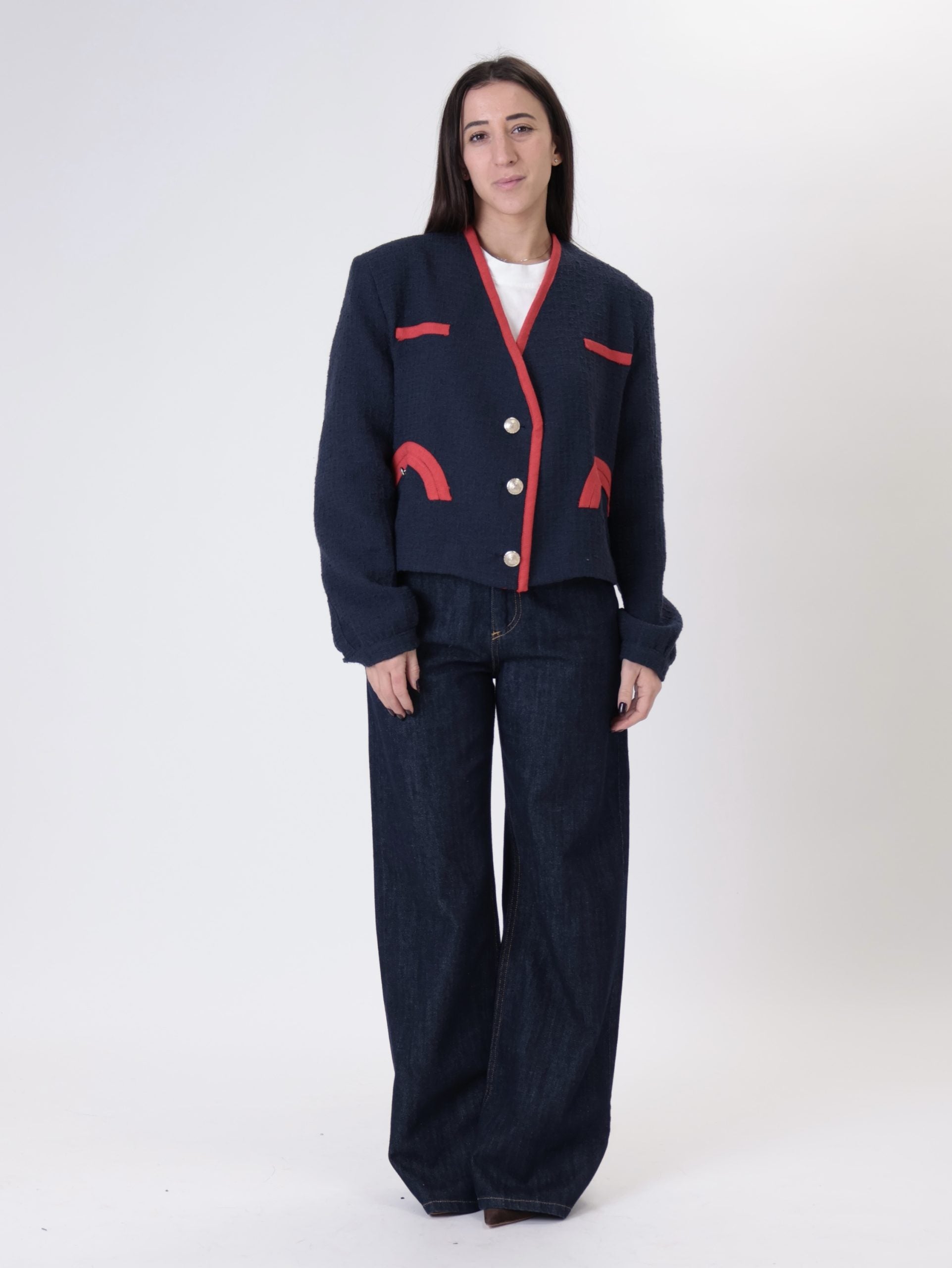 Giacca scollo V blu/rosso