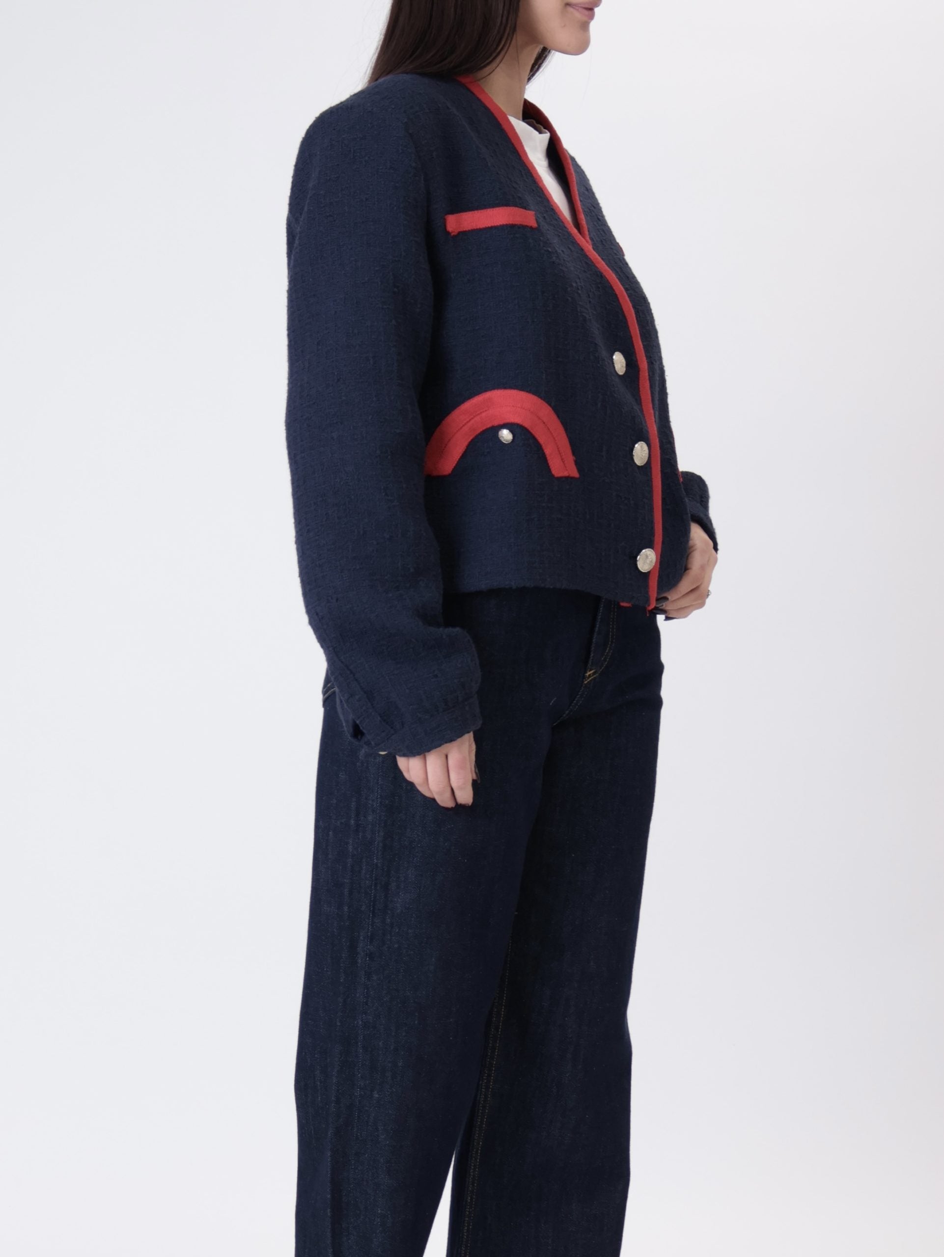 Giacca scollo V blu/rosso