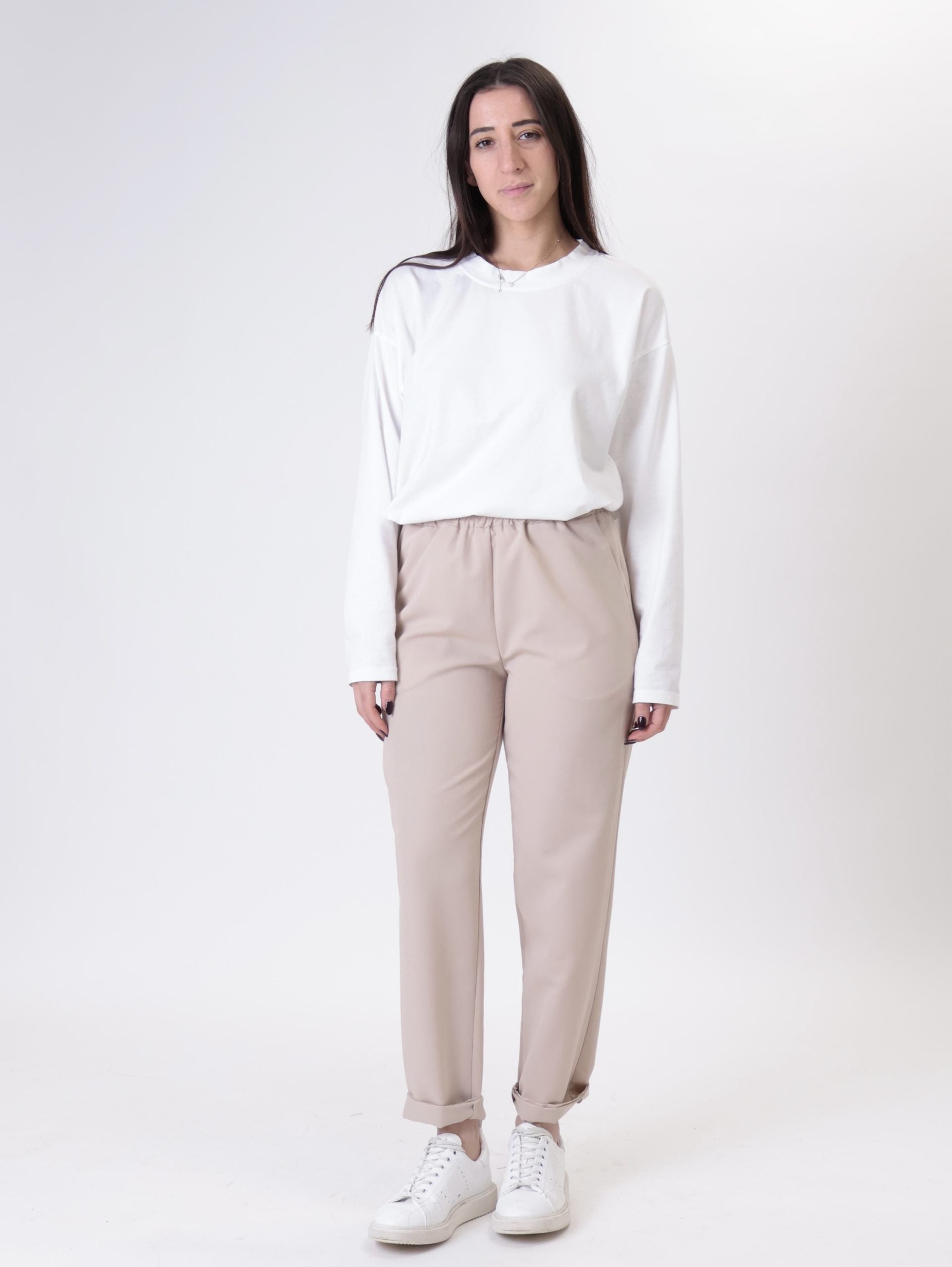 Elasticated beige cigarette trousers