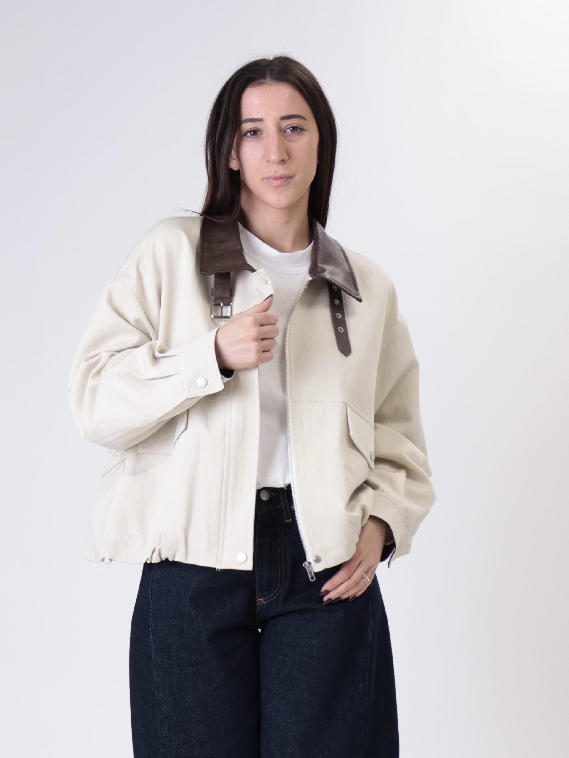 Ivory faux leather hem jacket