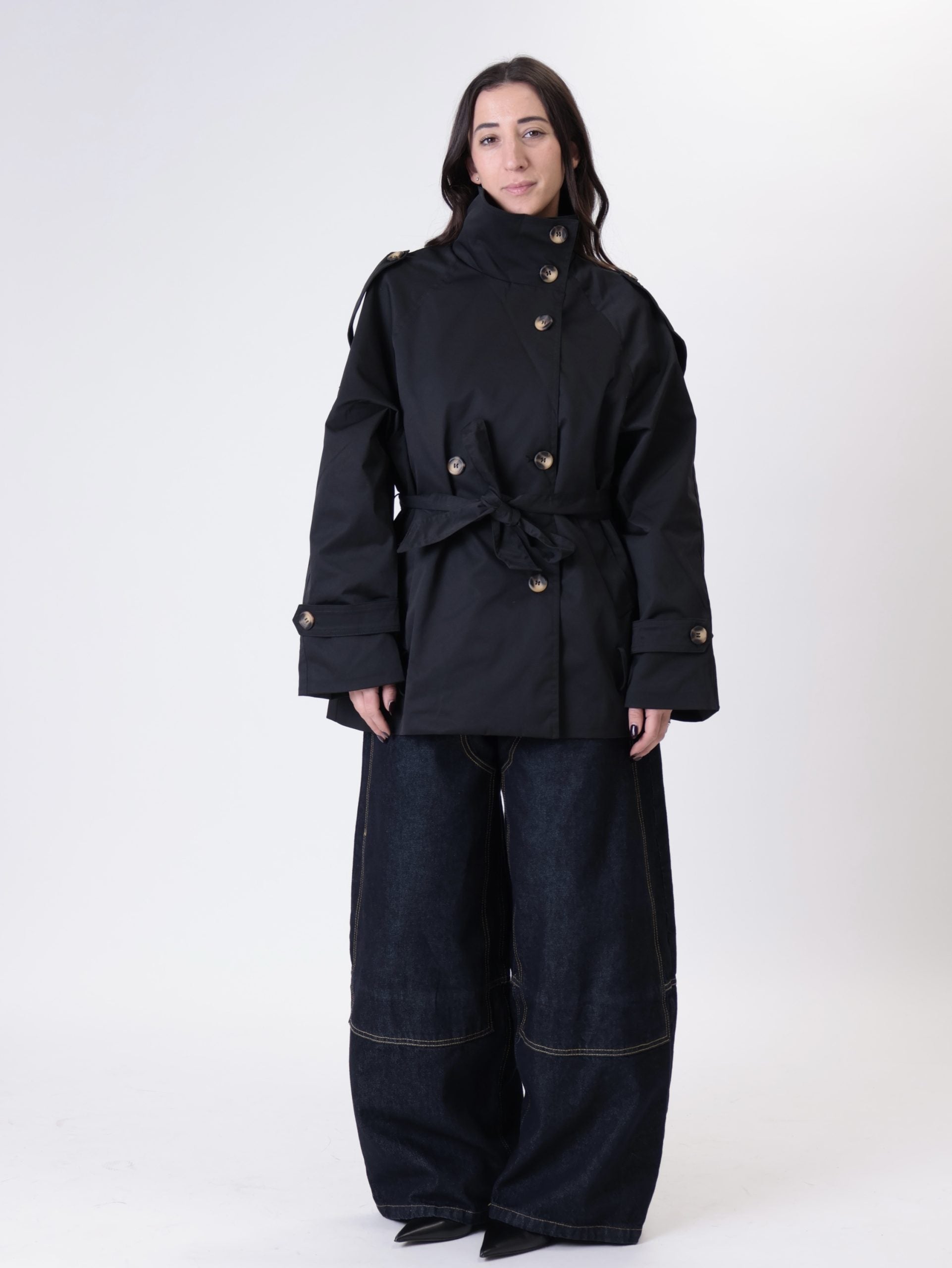 Black belted trench coat