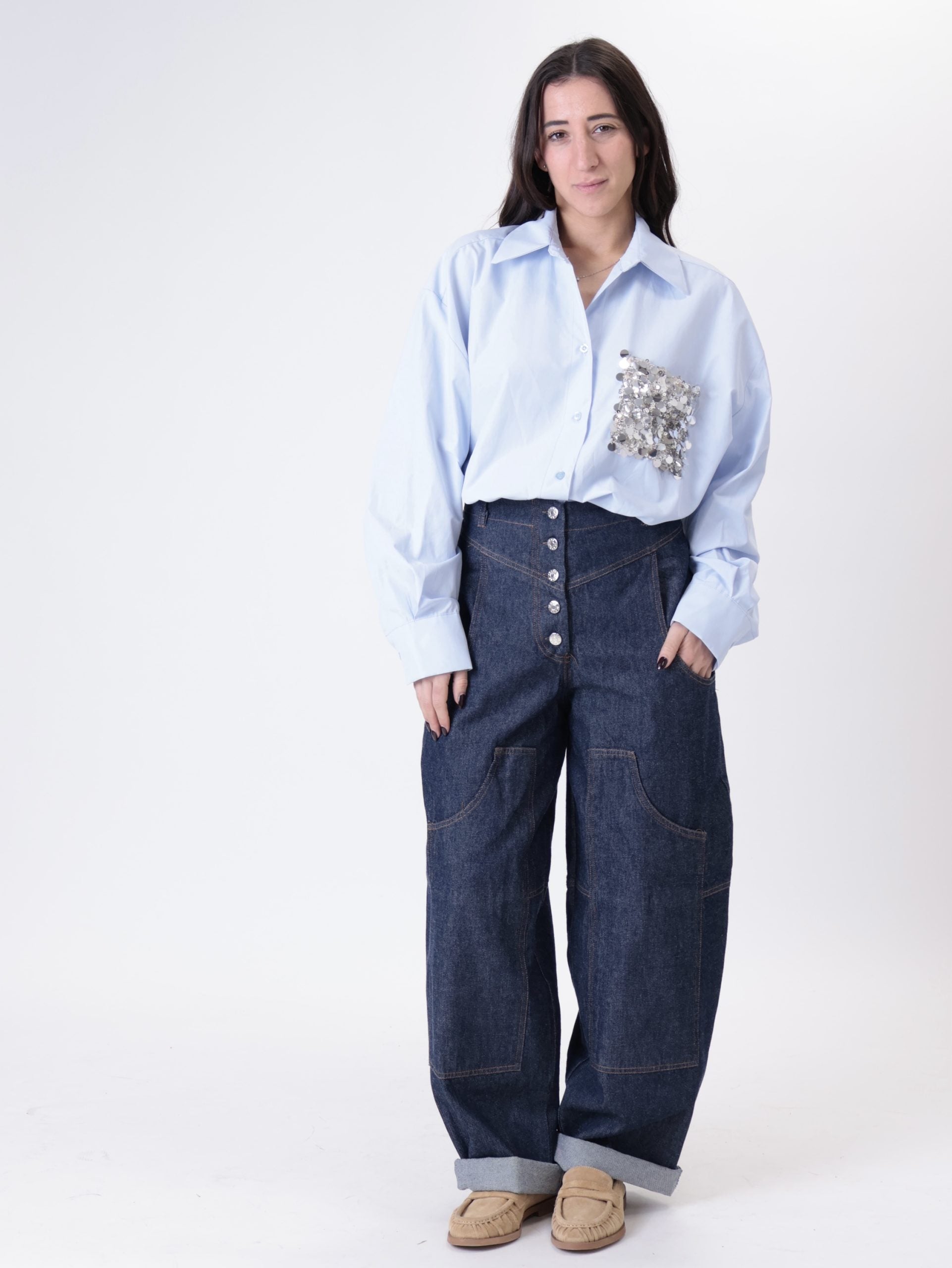Sky blue sequin pocket shirt