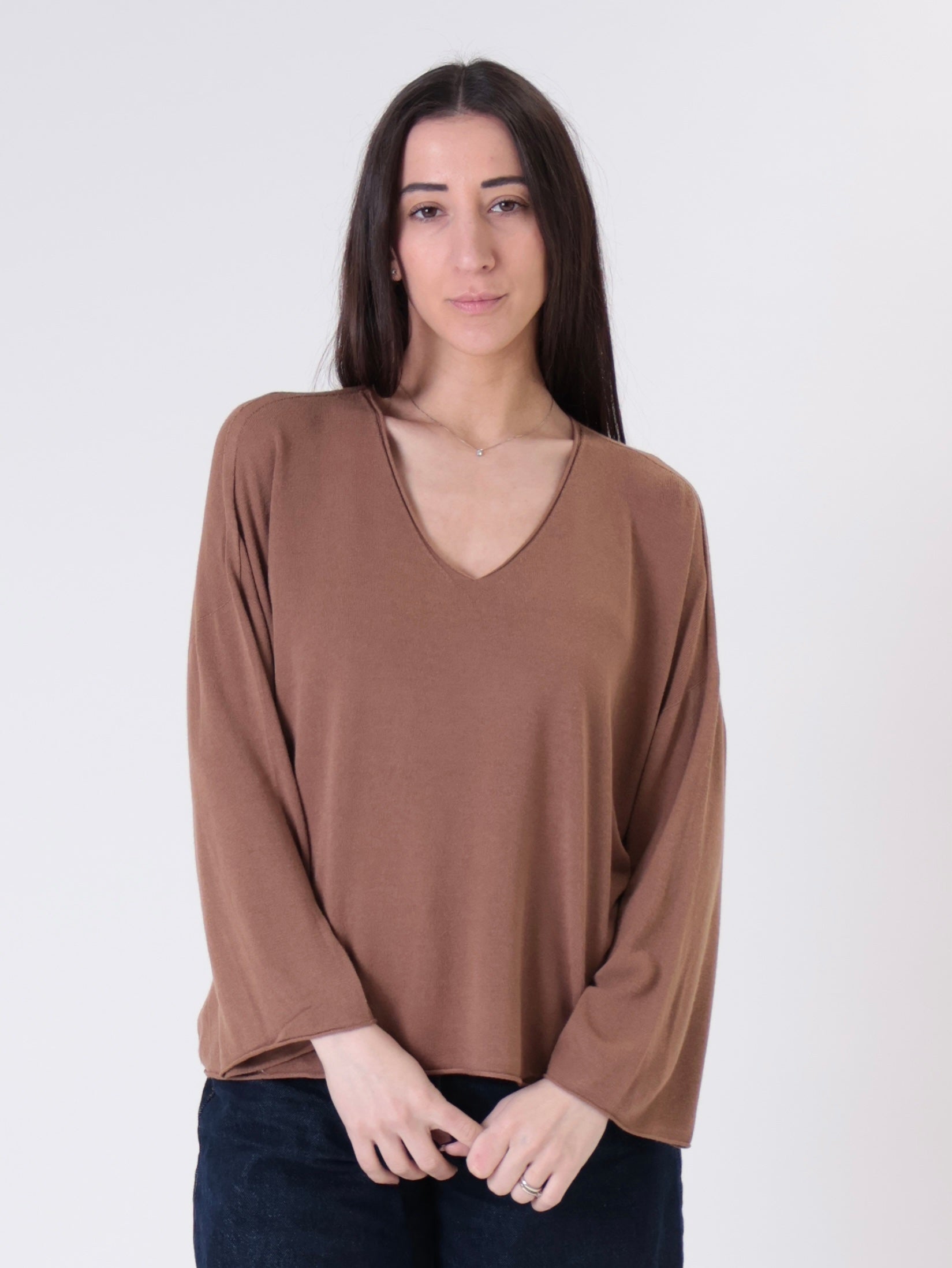 Pullover viscosa scollo V marrone