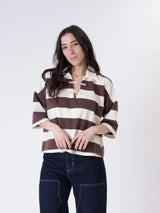 T-shirt alamari scollo V riga ecru/caffè
