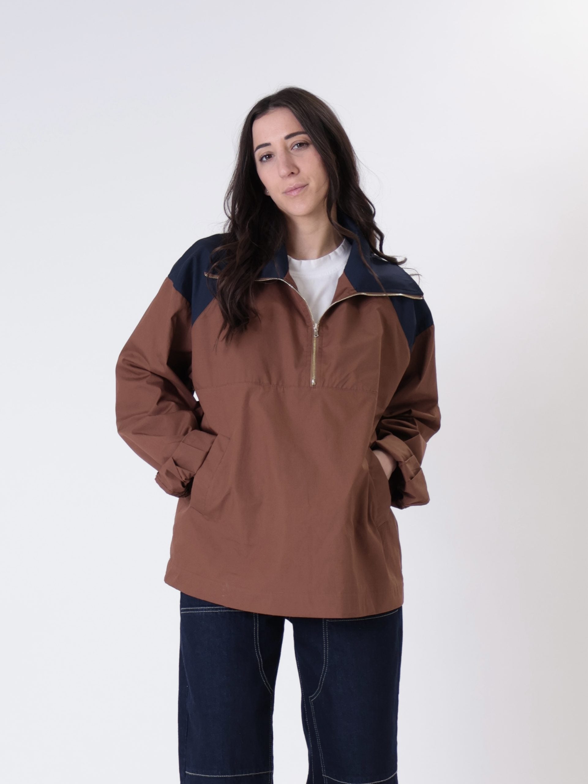 Tobacco/blue half-zip jacket