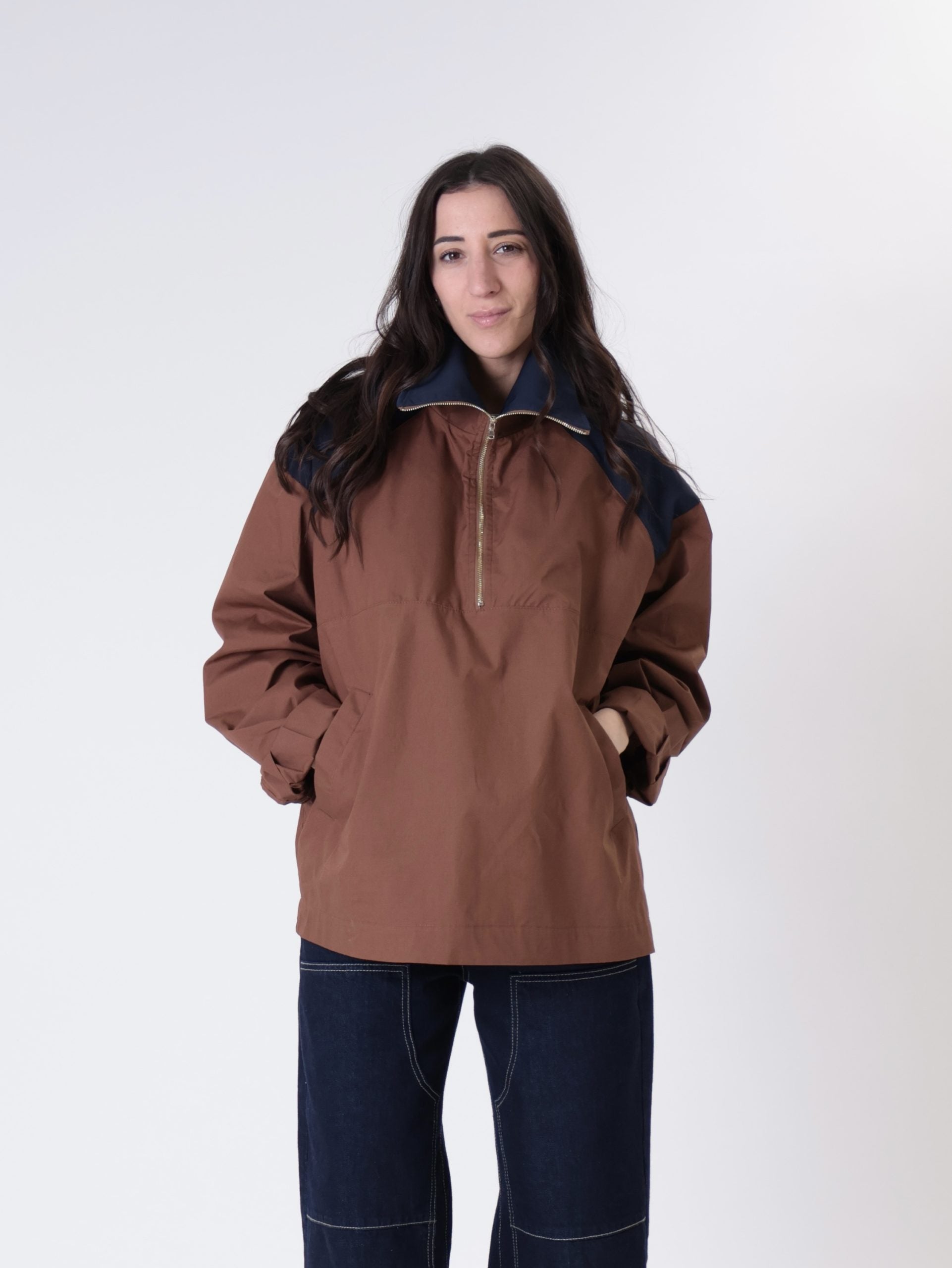 Tobacco/blue half-zip jacket