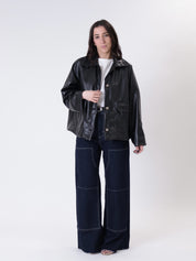 Black faux leather button jacket