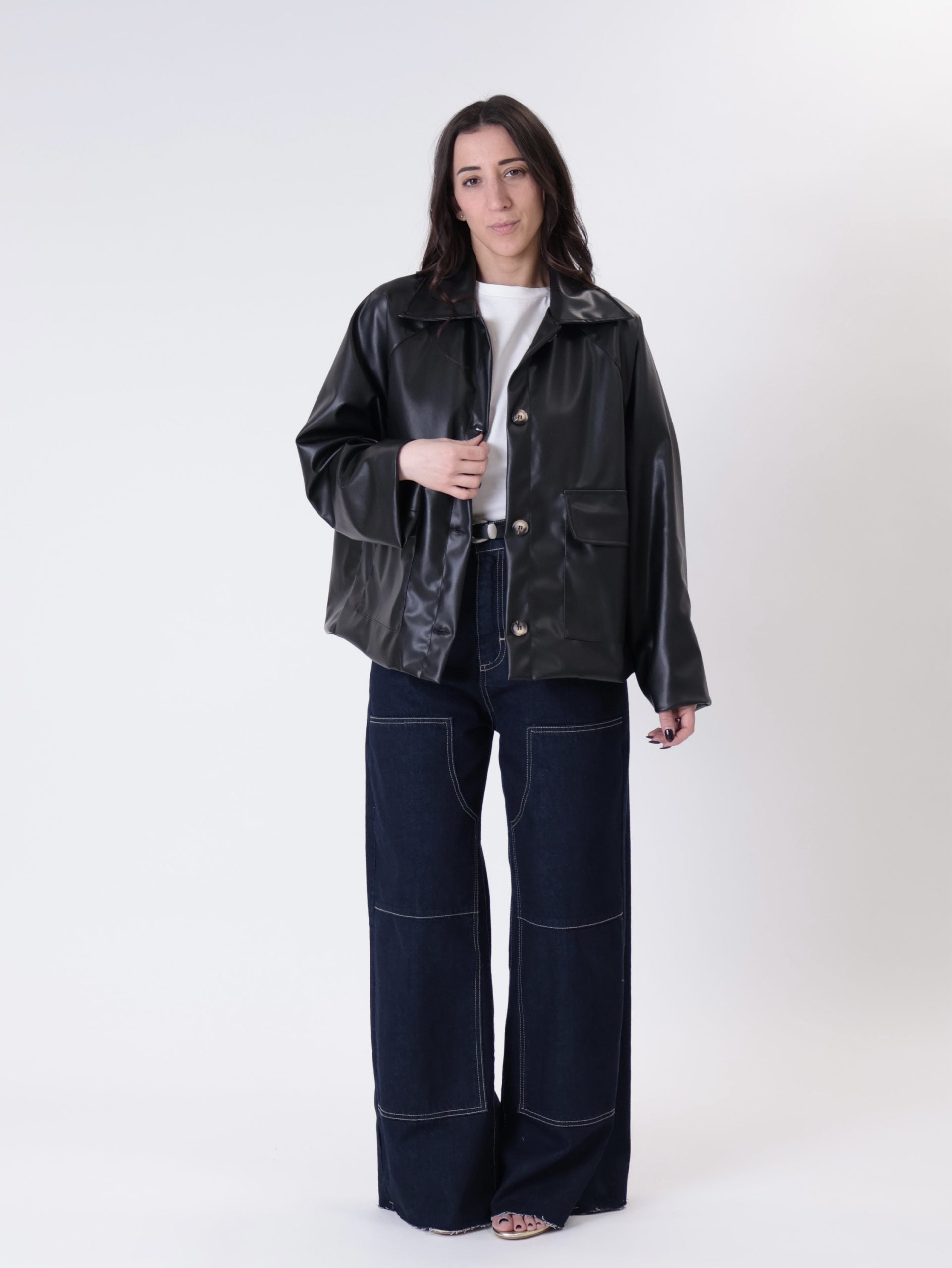 Black faux leather button jacket
