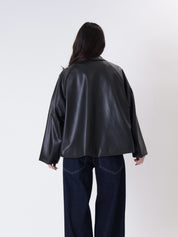 Black faux leather button jacket