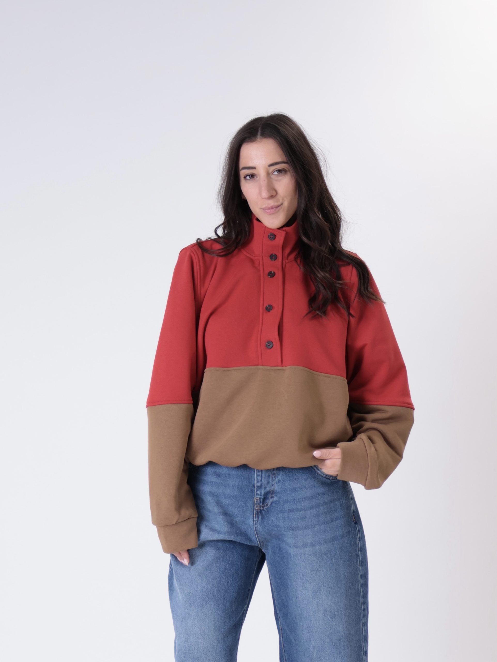 Felpa lory bottoni rosso/tabacco