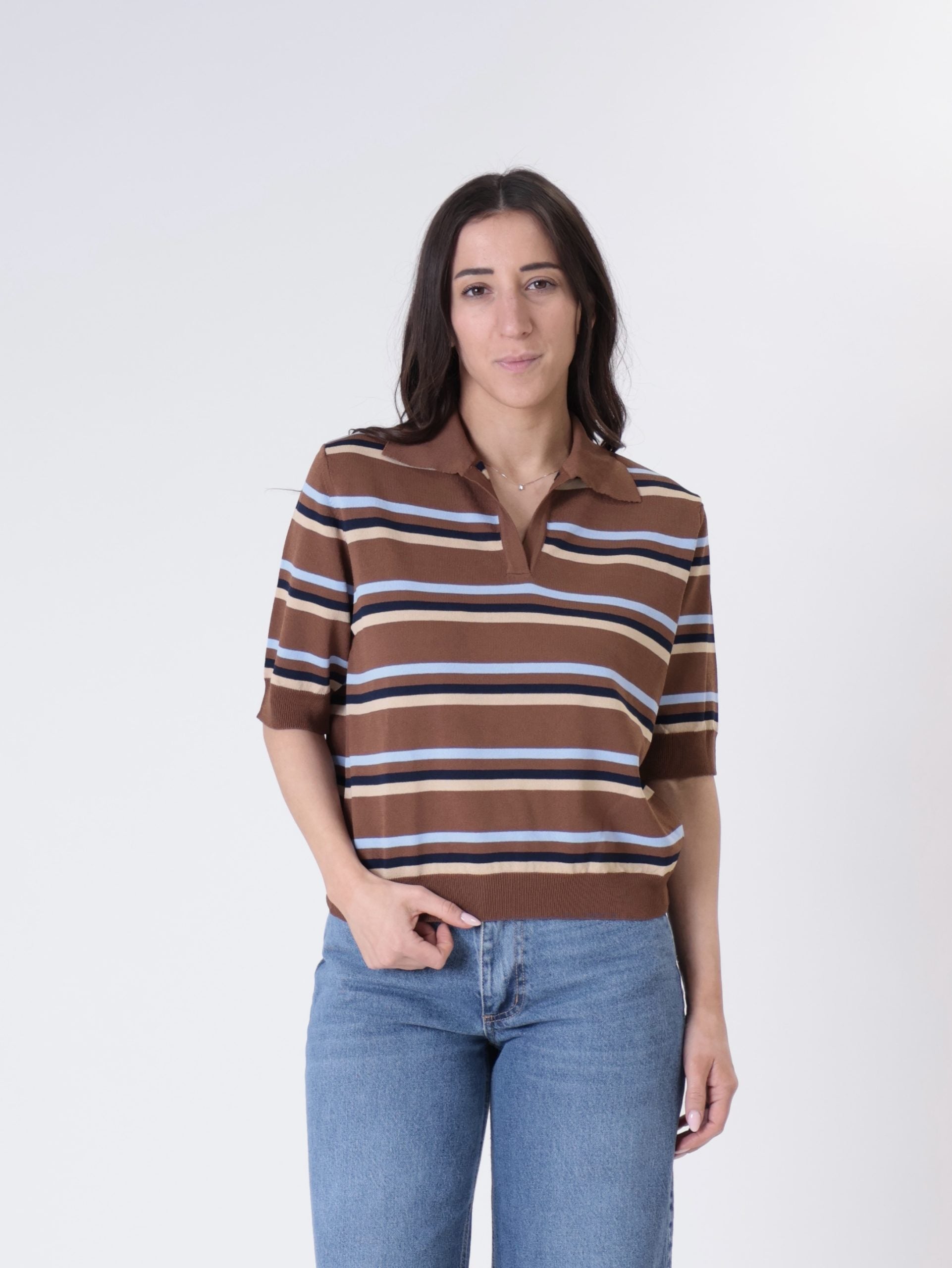 Brown striped s/s polo shirt