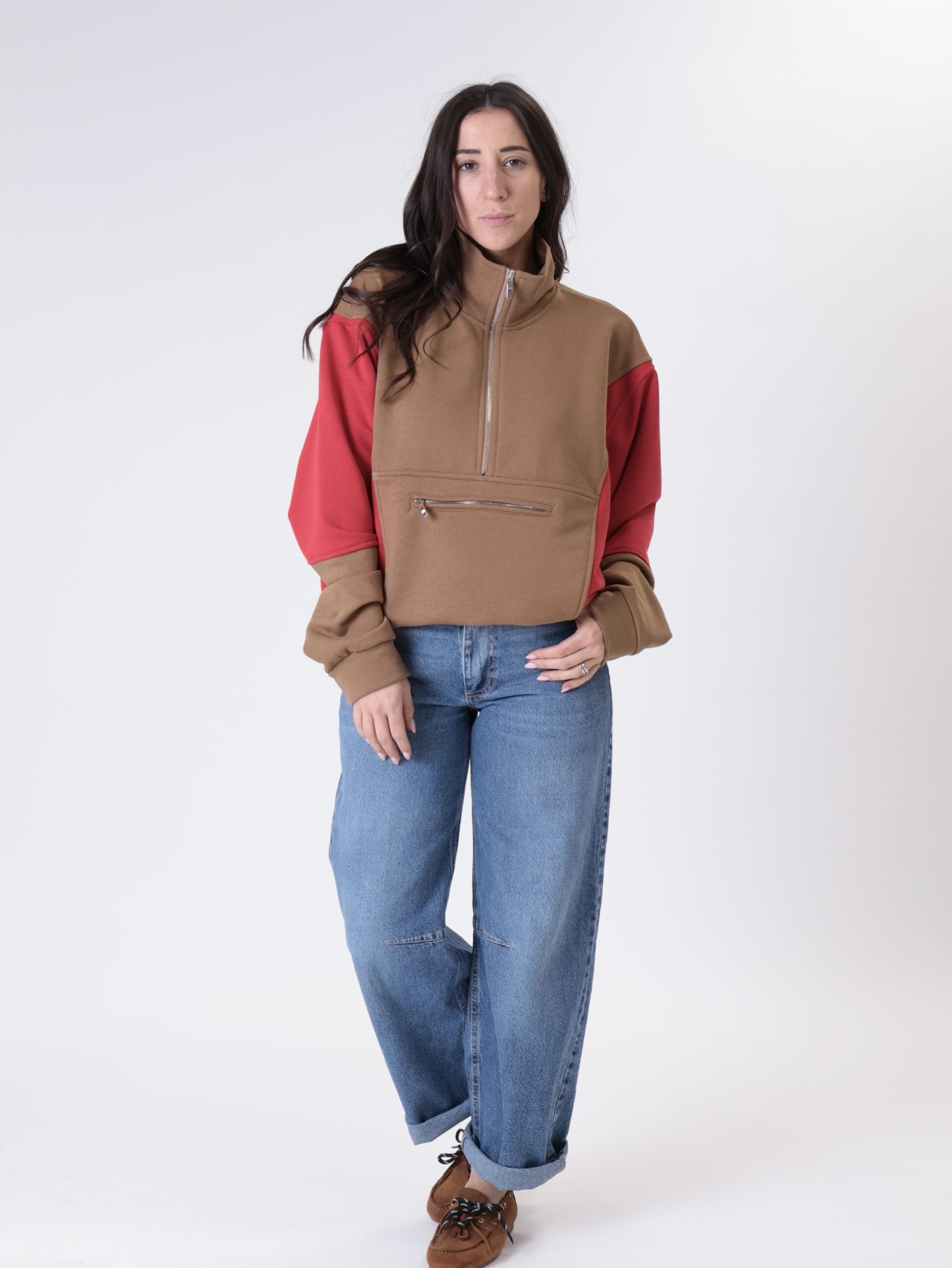 Felpa zip tabacco/rosso