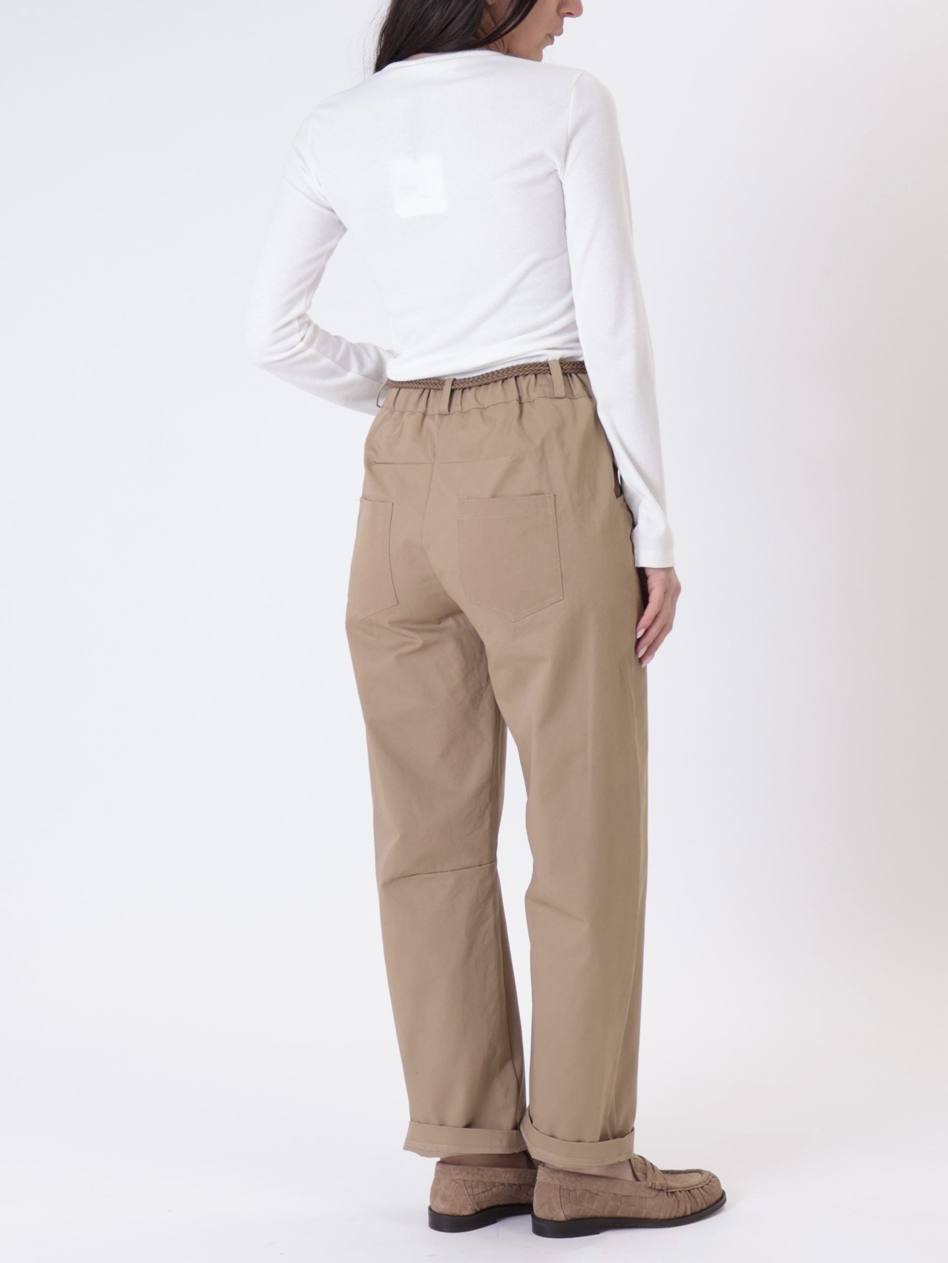 Cotton camel belt trousers