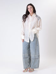 Butter-colored silk-effect shirt with sequined shoulders