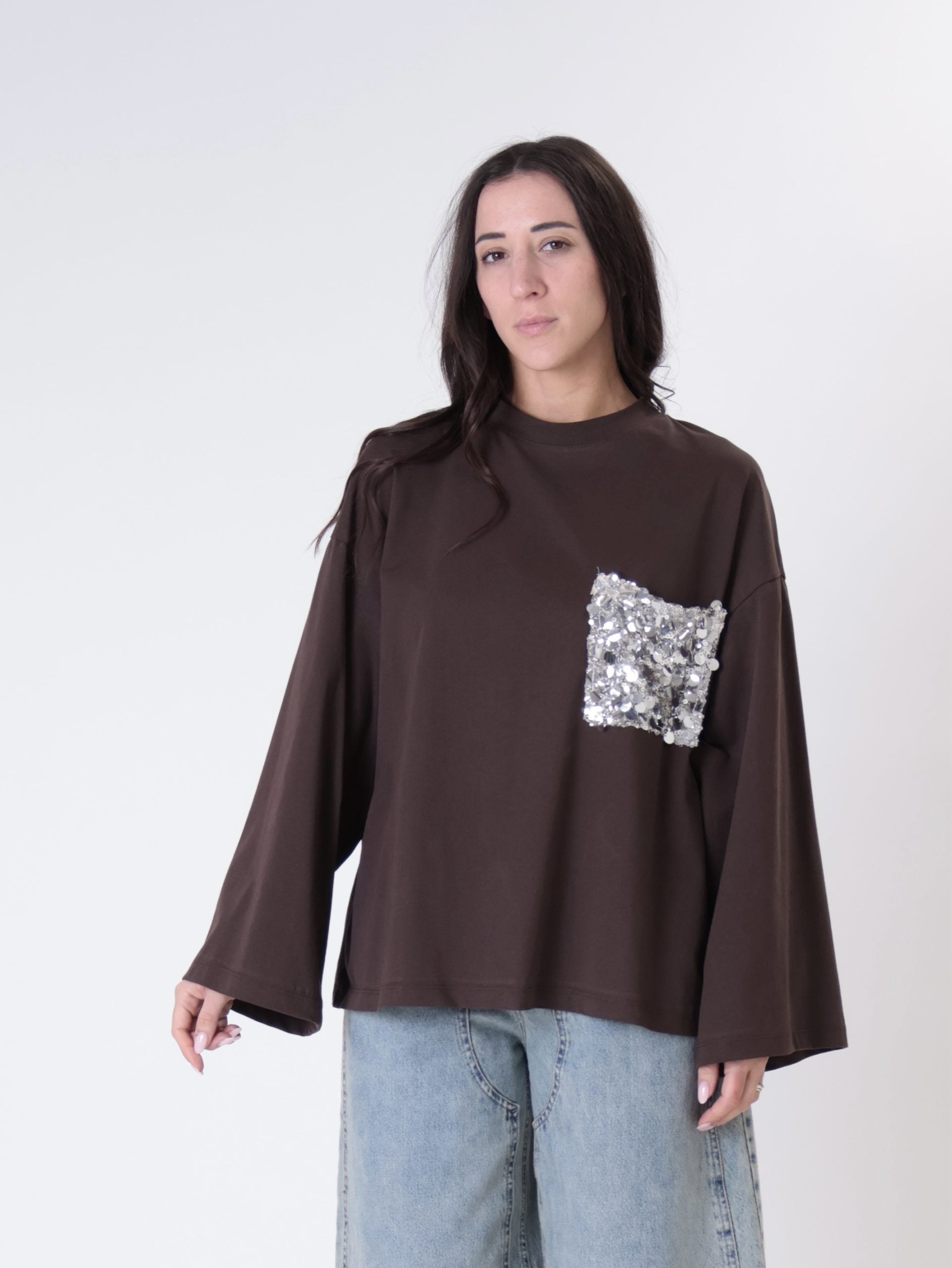 T-shirt m/lunga tasca paillettes moro
