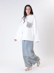 T-shirt m/lunga tasca paillettes panna