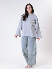 T-shirt m/lunga tasca paillettes grigio melange