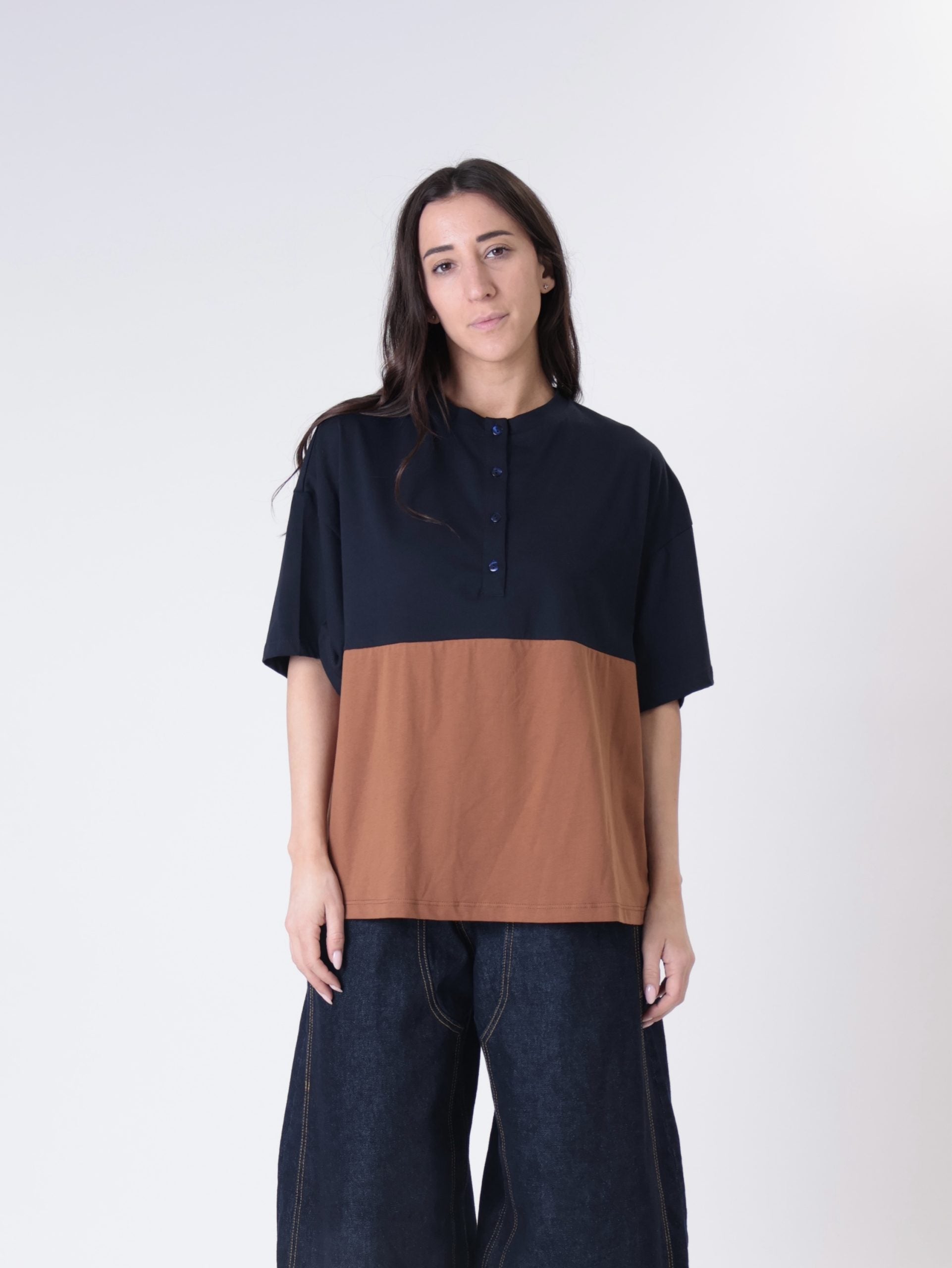 T-shirt Lory bottoni blu/tabacco