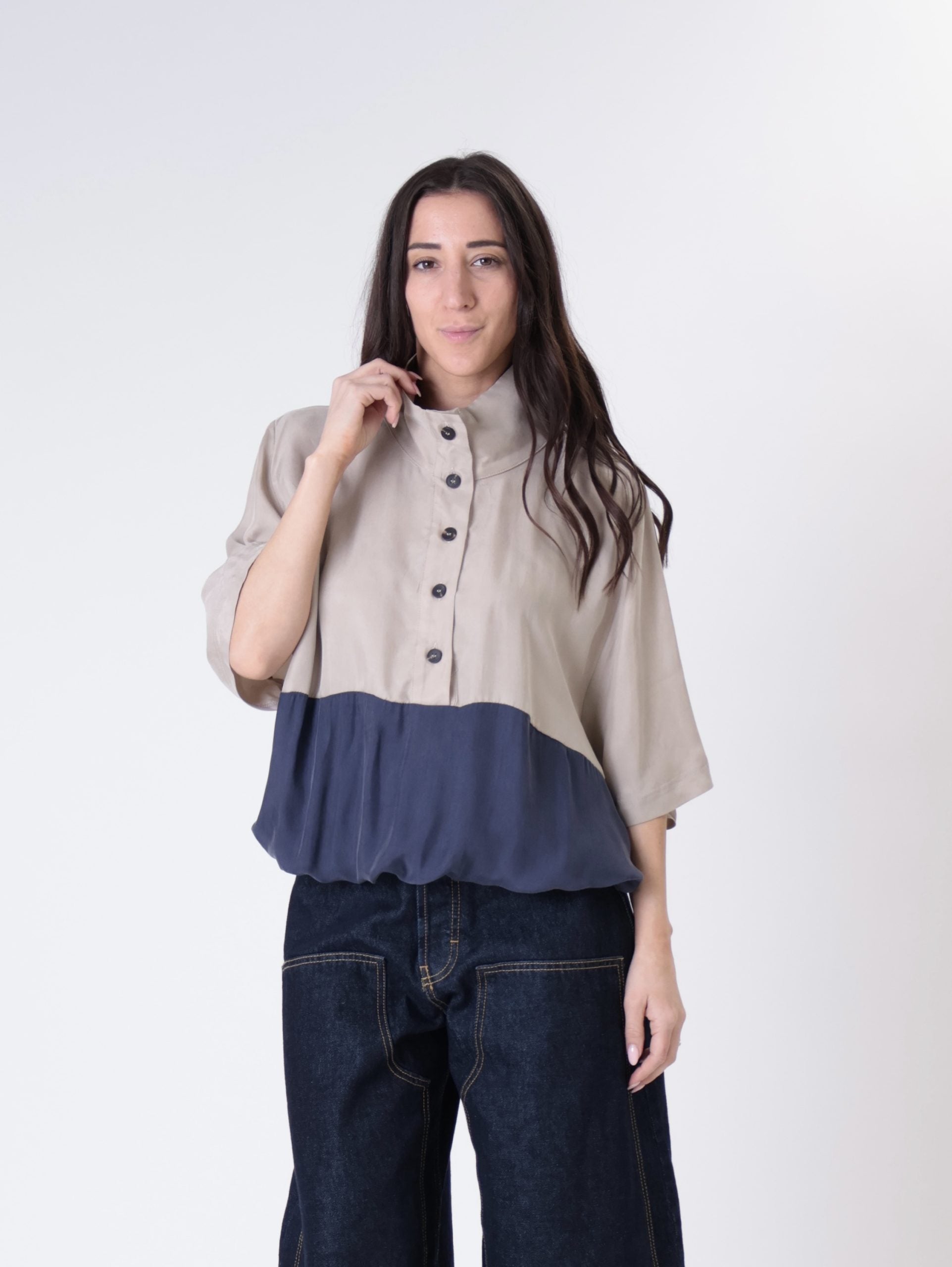 Blusa Lory m/m beige/blu