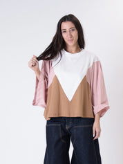 T-shirt V panna/rosa/cammello