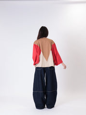T-shirt V cammello/rosso/avorio
