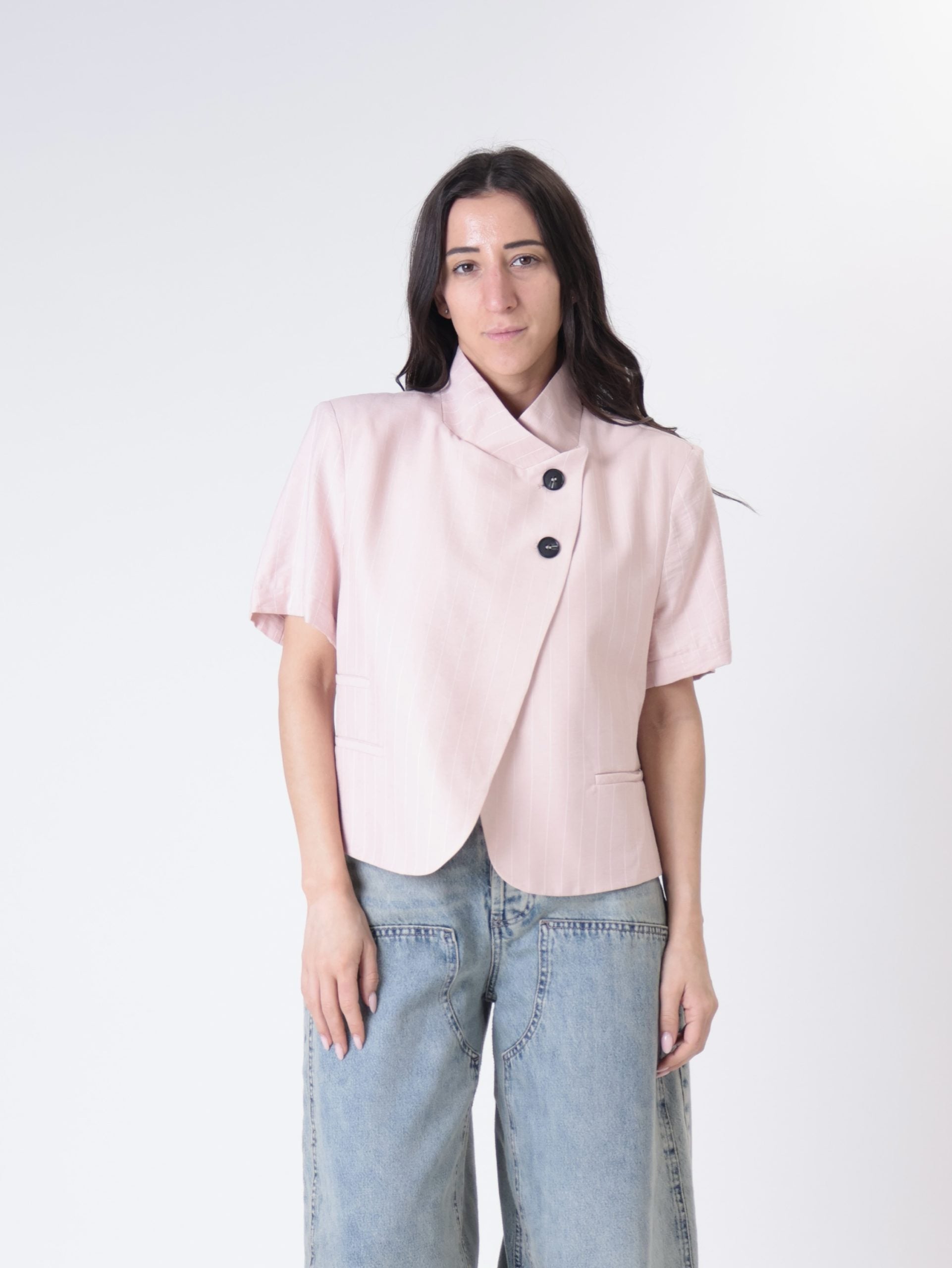 Striped powder pink short-sleeved Korean jacket