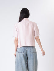 Striped powder pink short-sleeved Korean jacket