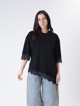 T-shirt svasata manica pizzo nero