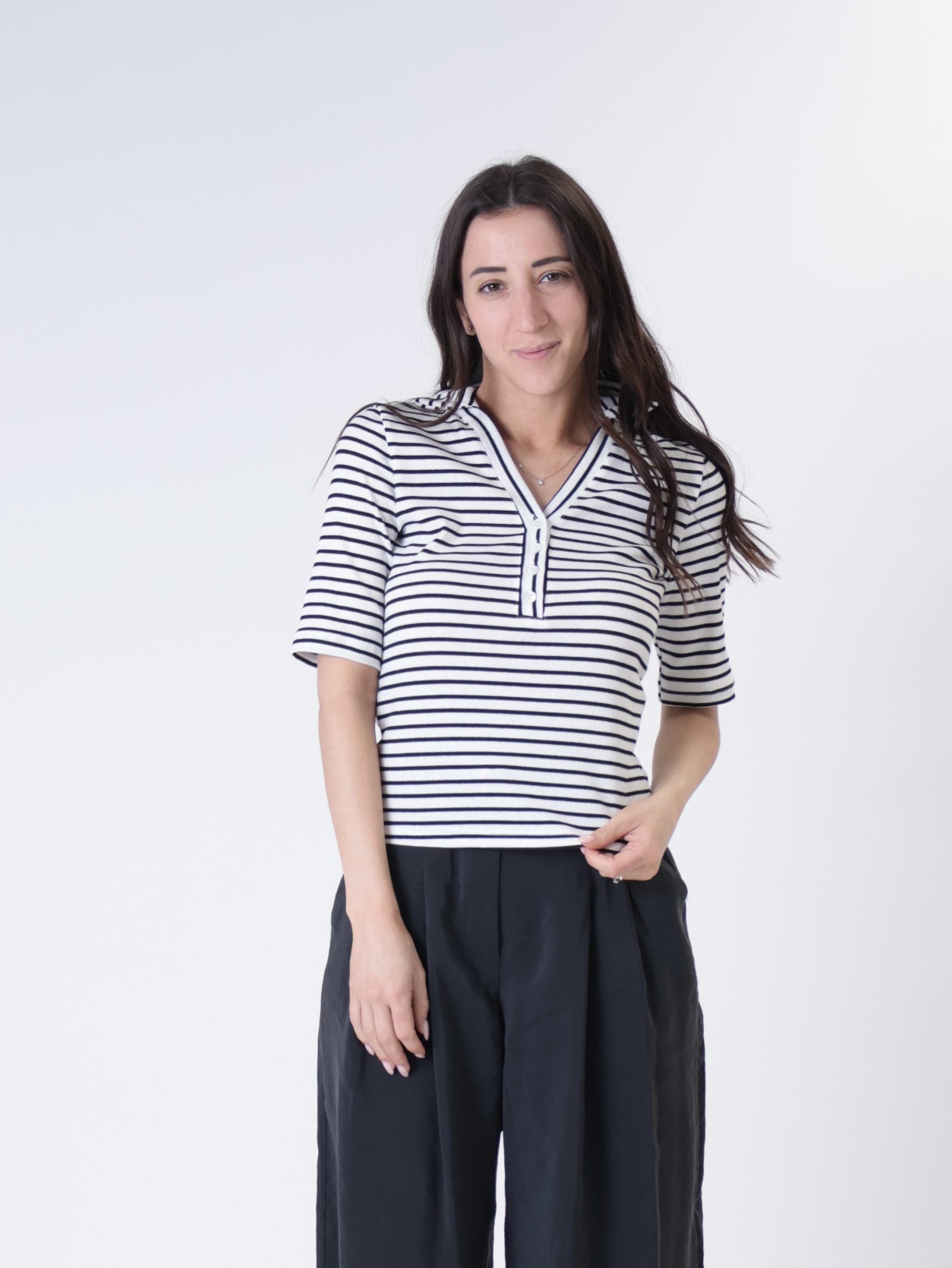 Polo serafino riga panna/nero