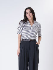 Polo serafino riga panna/nero