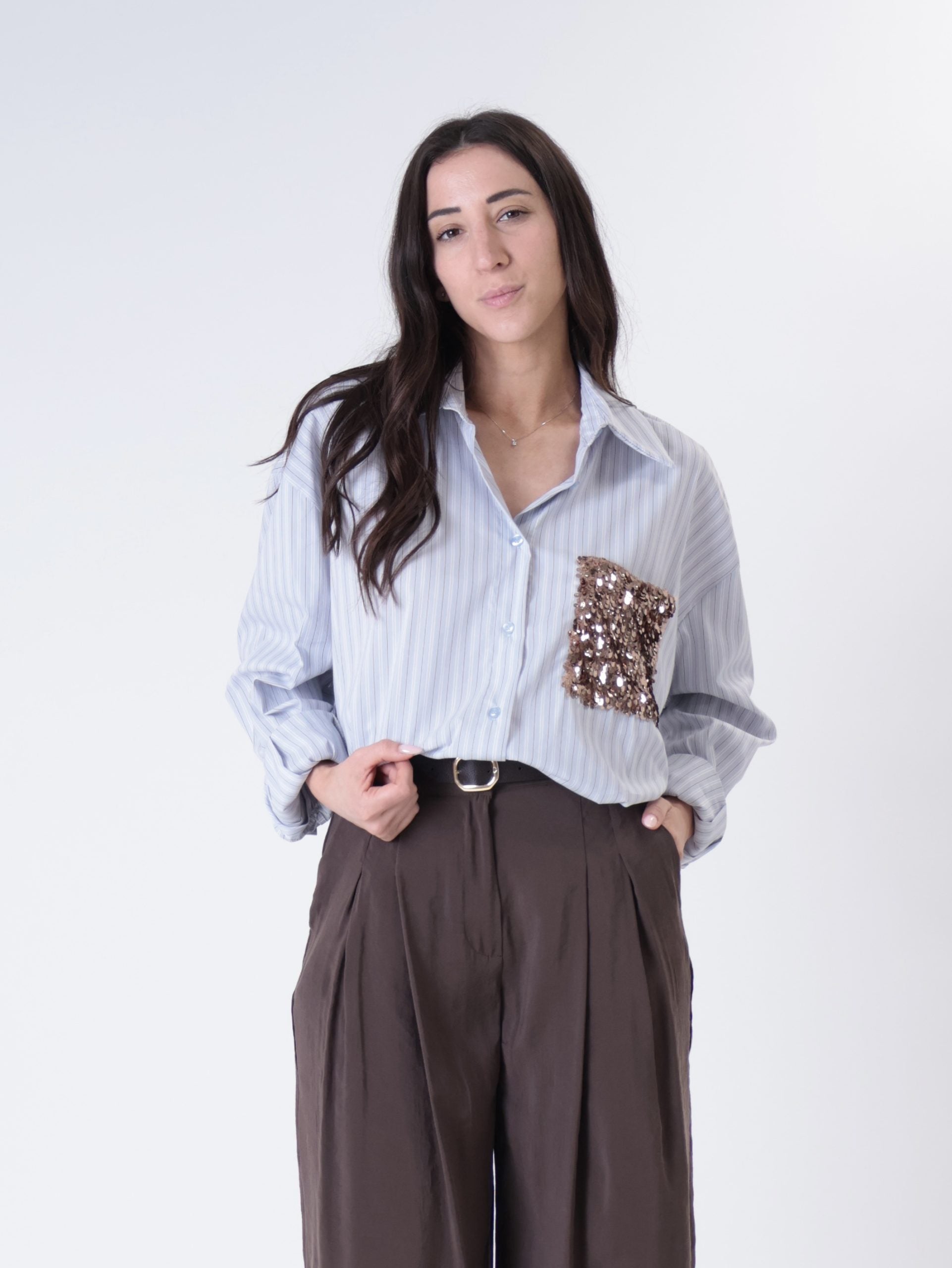 Camicia riga tasca paillettes bronzo