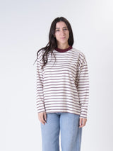 Long-sleeved T-shirt with natural/burgundy striped collar