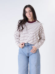 Long-sleeved T-shirt with natural/burgundy striped collar