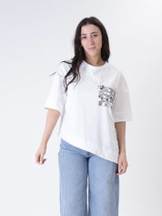 T-shirt svasata tasca paillettes bianca