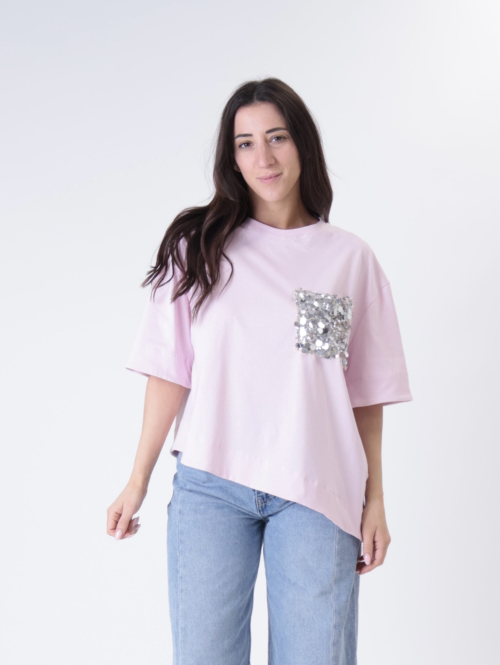T-shirt svasata tasca paillettes rosa