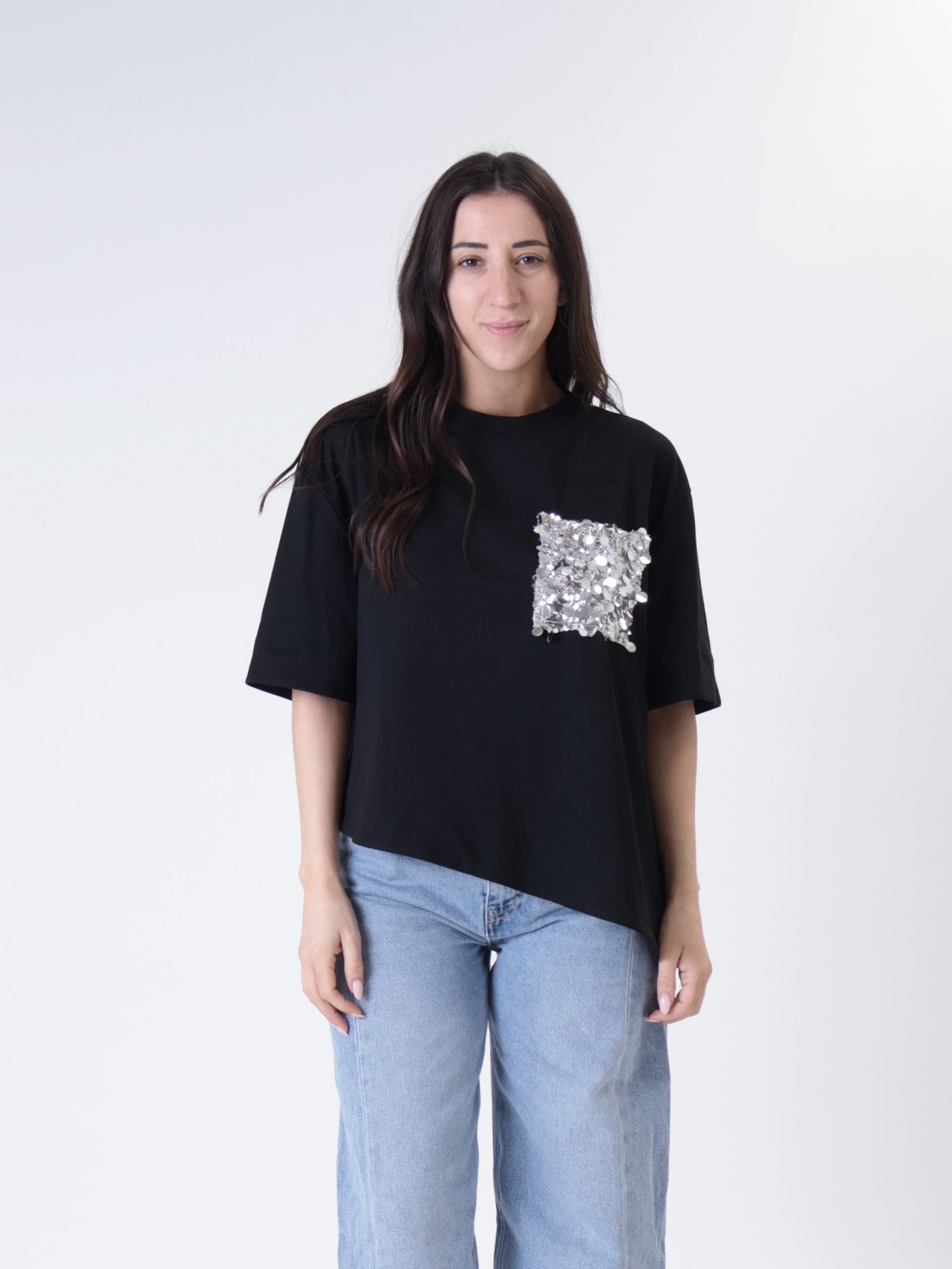 T-shirt svasata tasca paillettes nera
