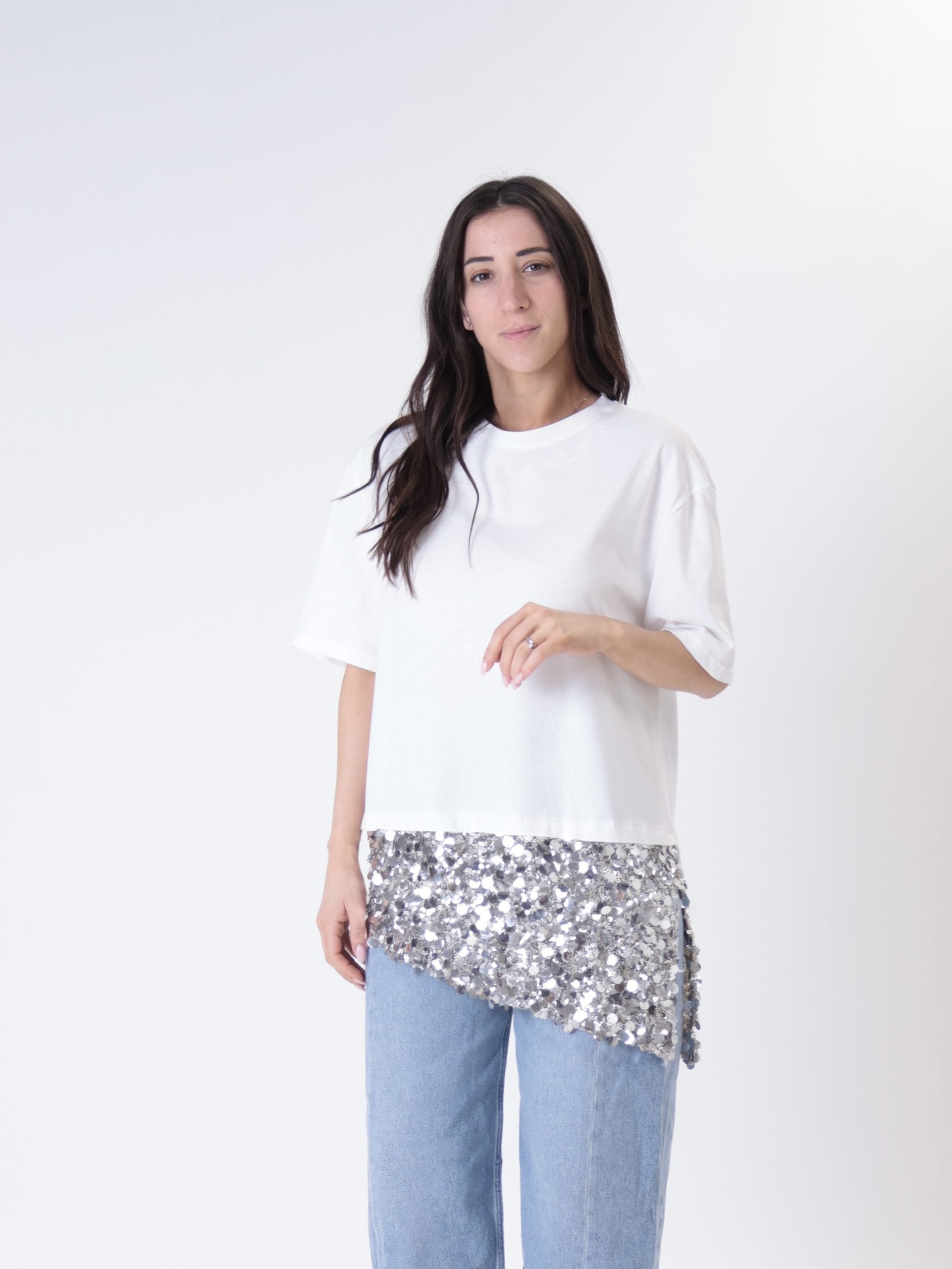 T-shirt fondo paillettes panna