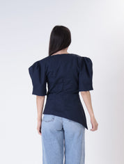 Top sbuffo svasato blu
