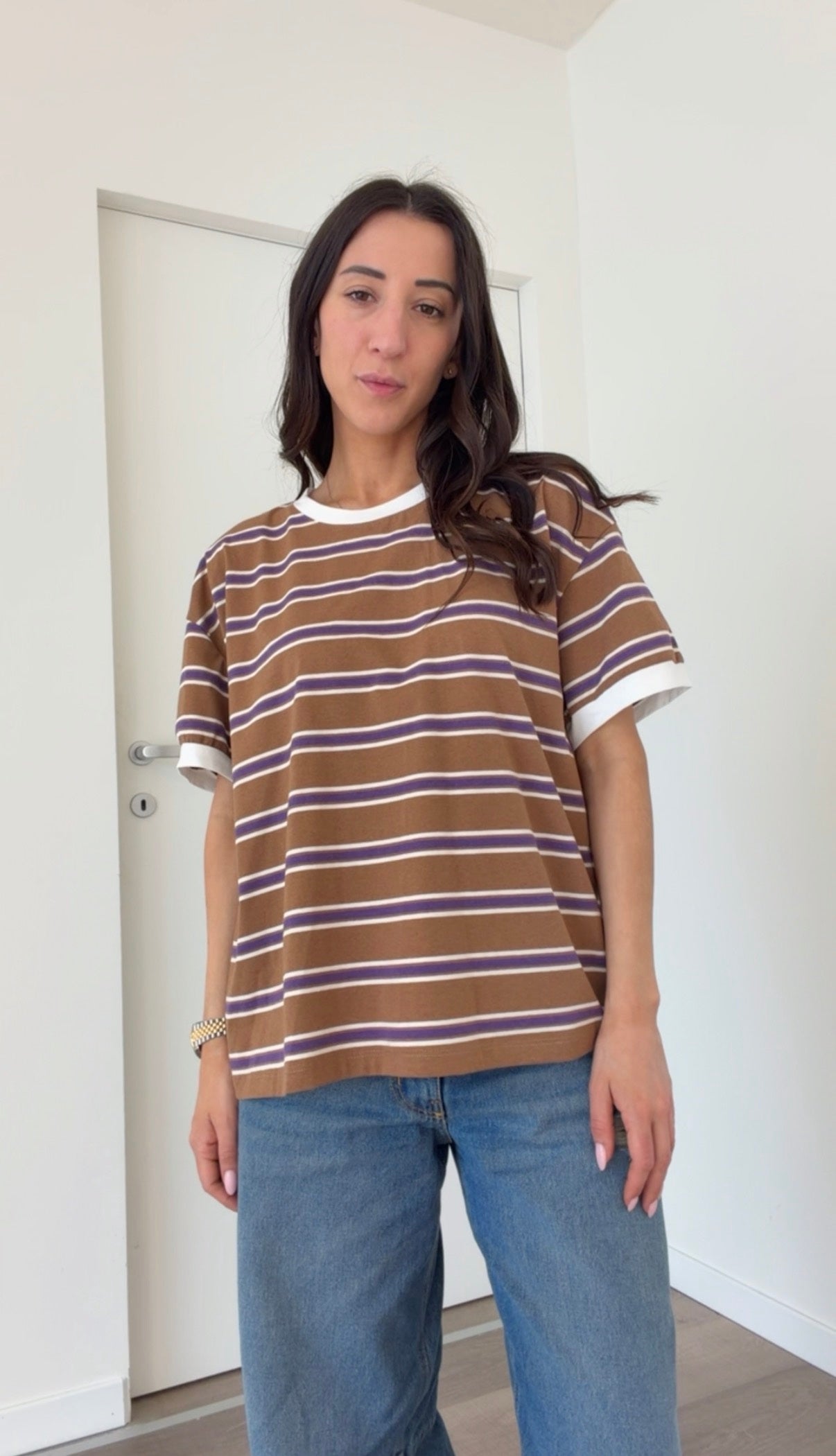 T-shirt m/m riga tabacco/viola