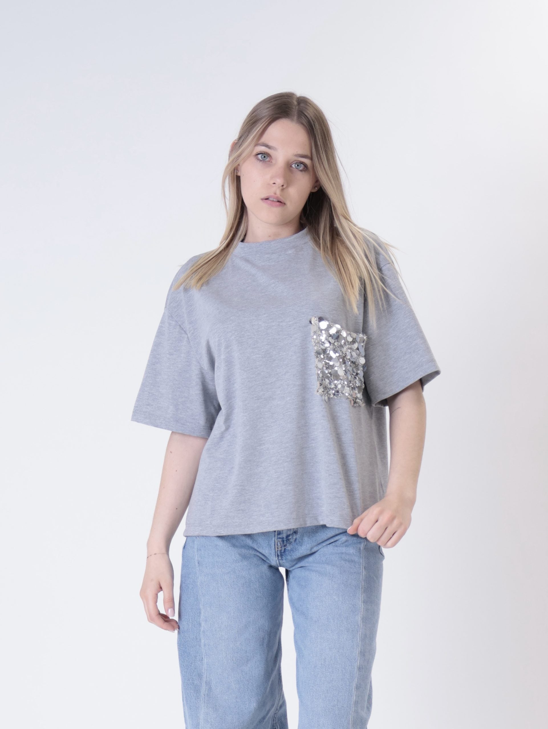 T-shirt tasca pailettes grigio