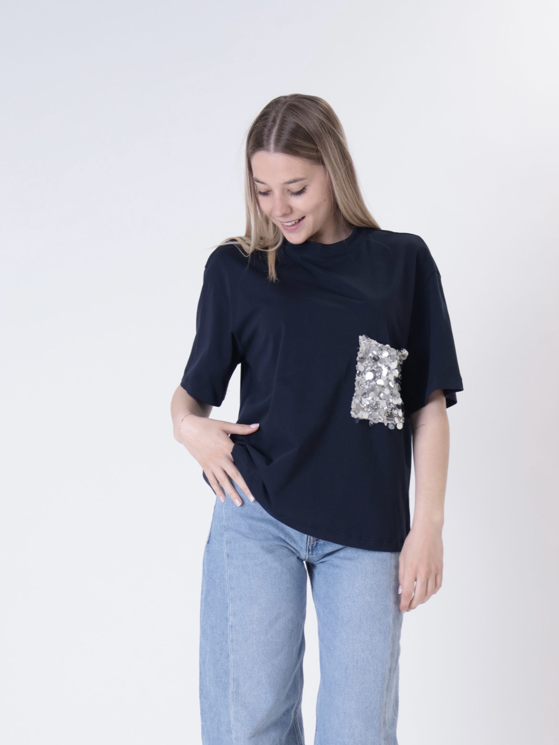 T-shirt tasca pailettes blu