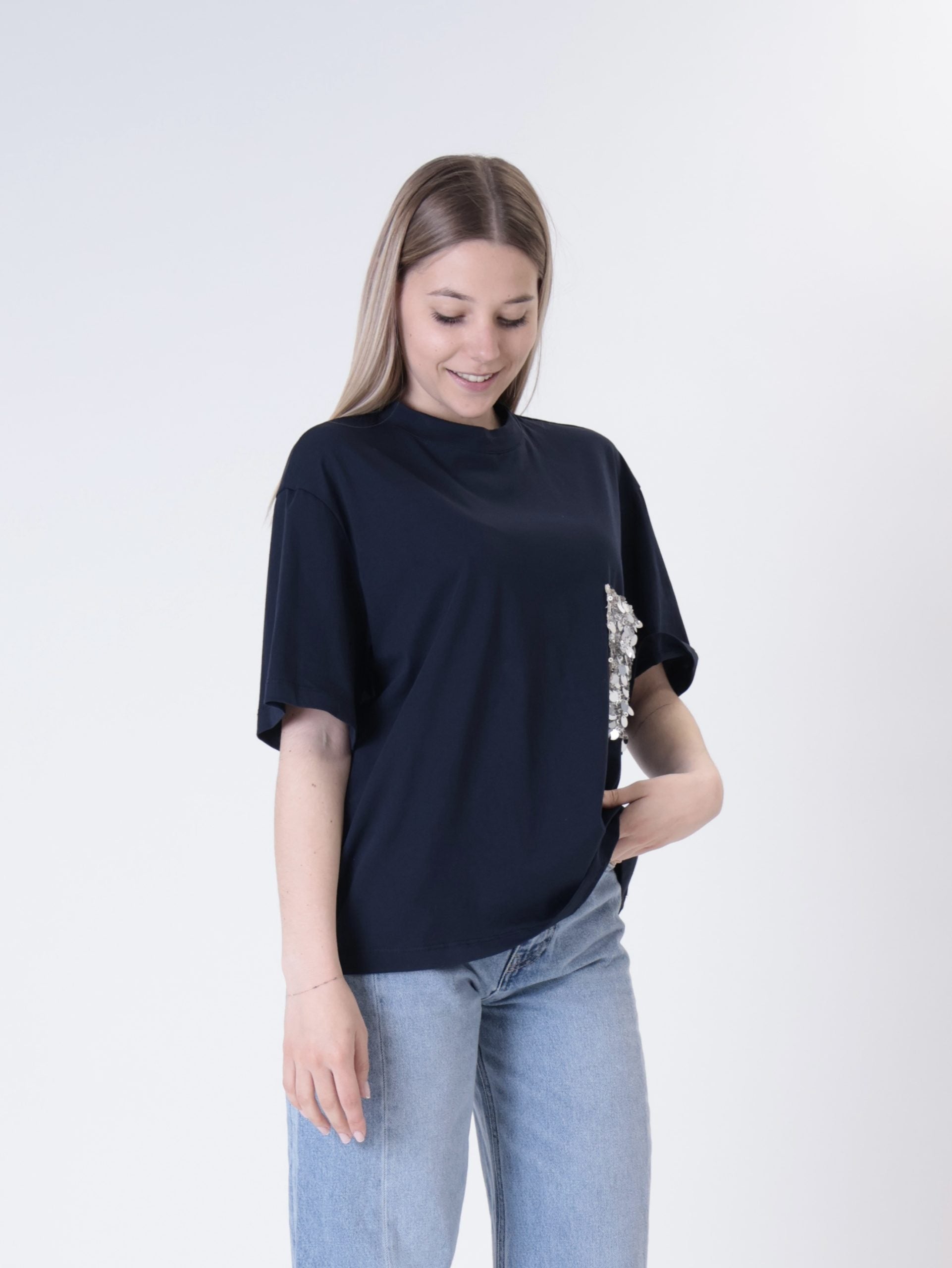 T-shirt tasca pailettes blu