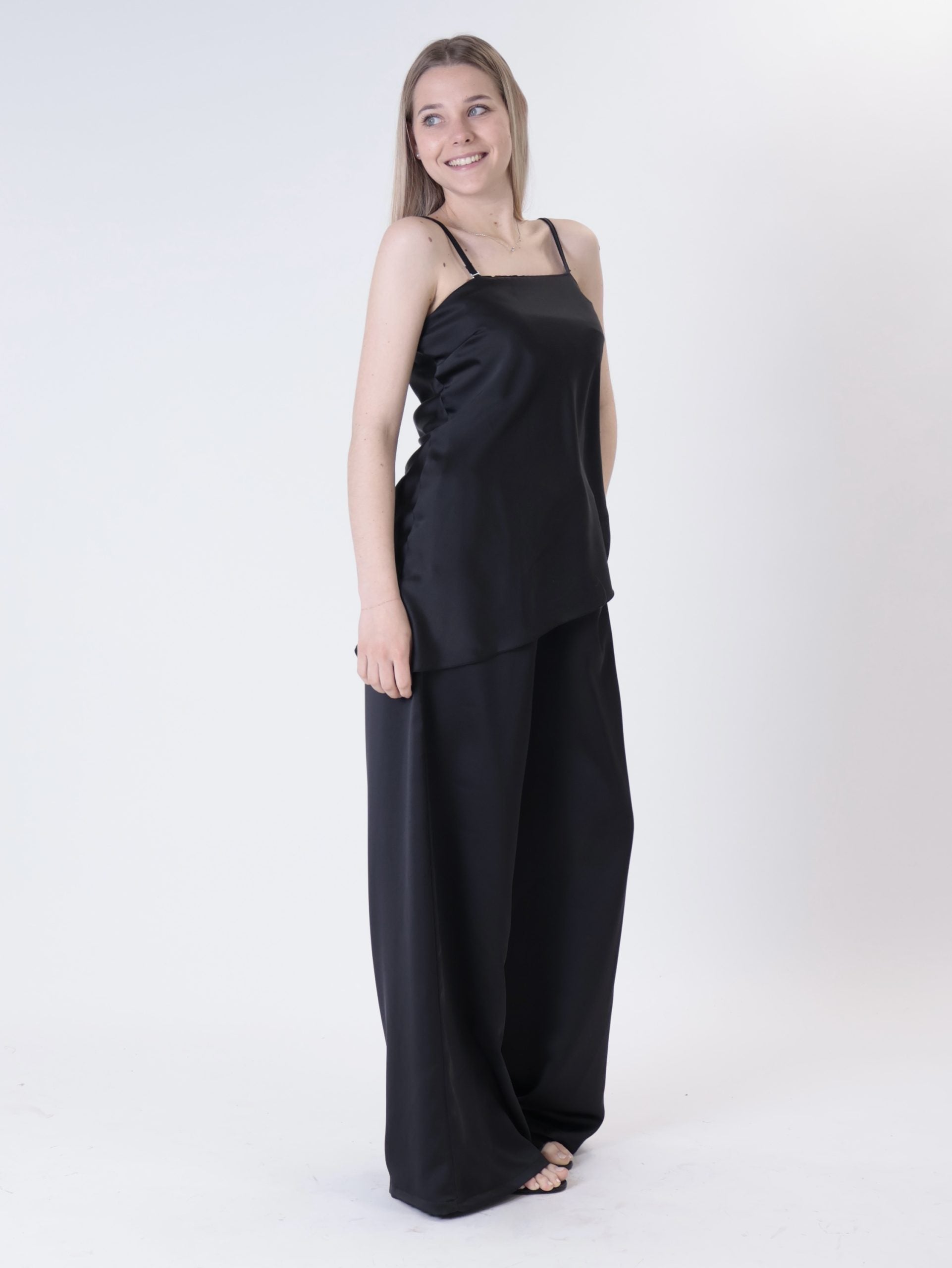 Black satin palazzo trousers
