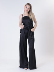 Black satin palazzo trousers