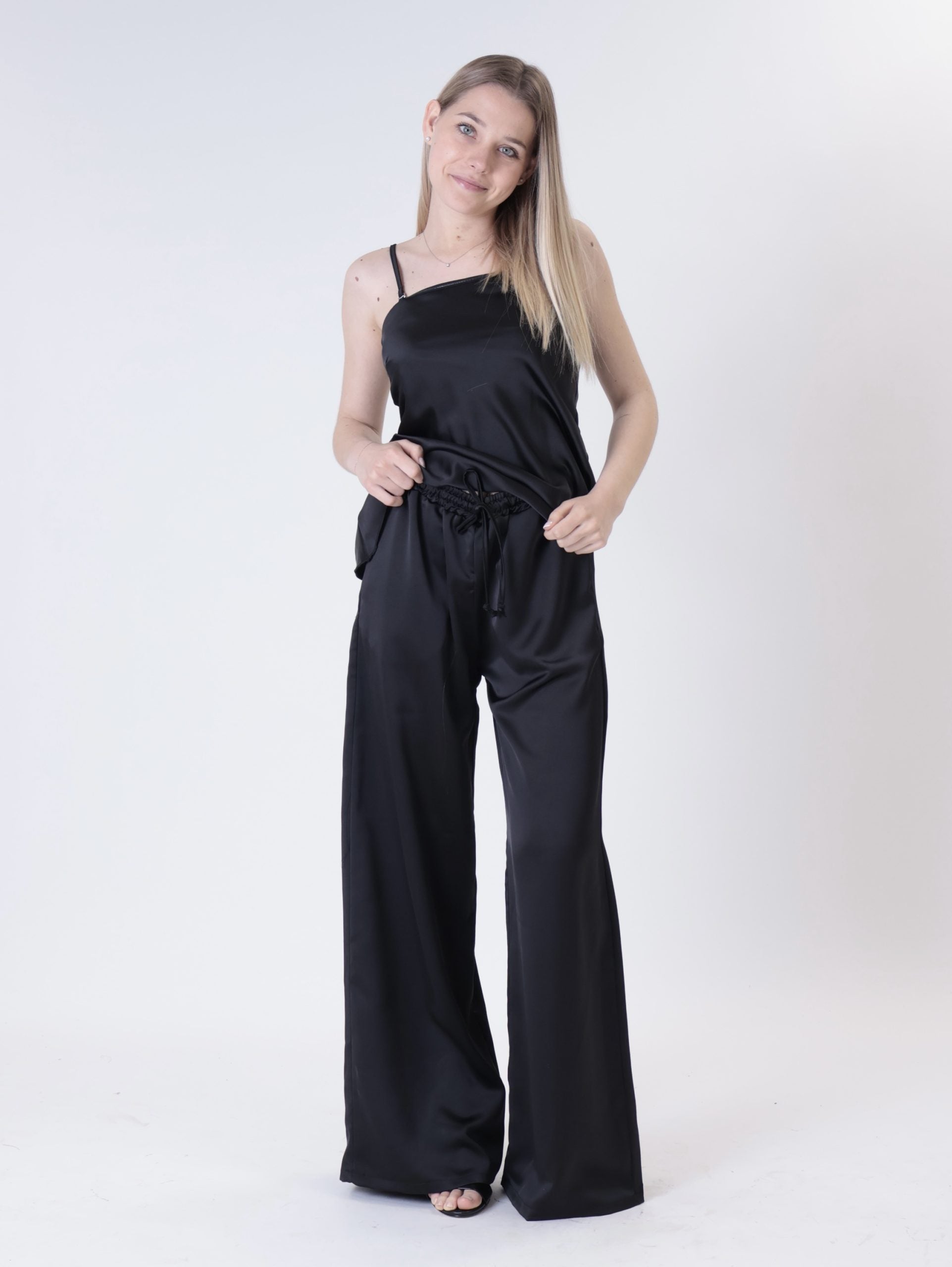 Black satin palazzo trousers